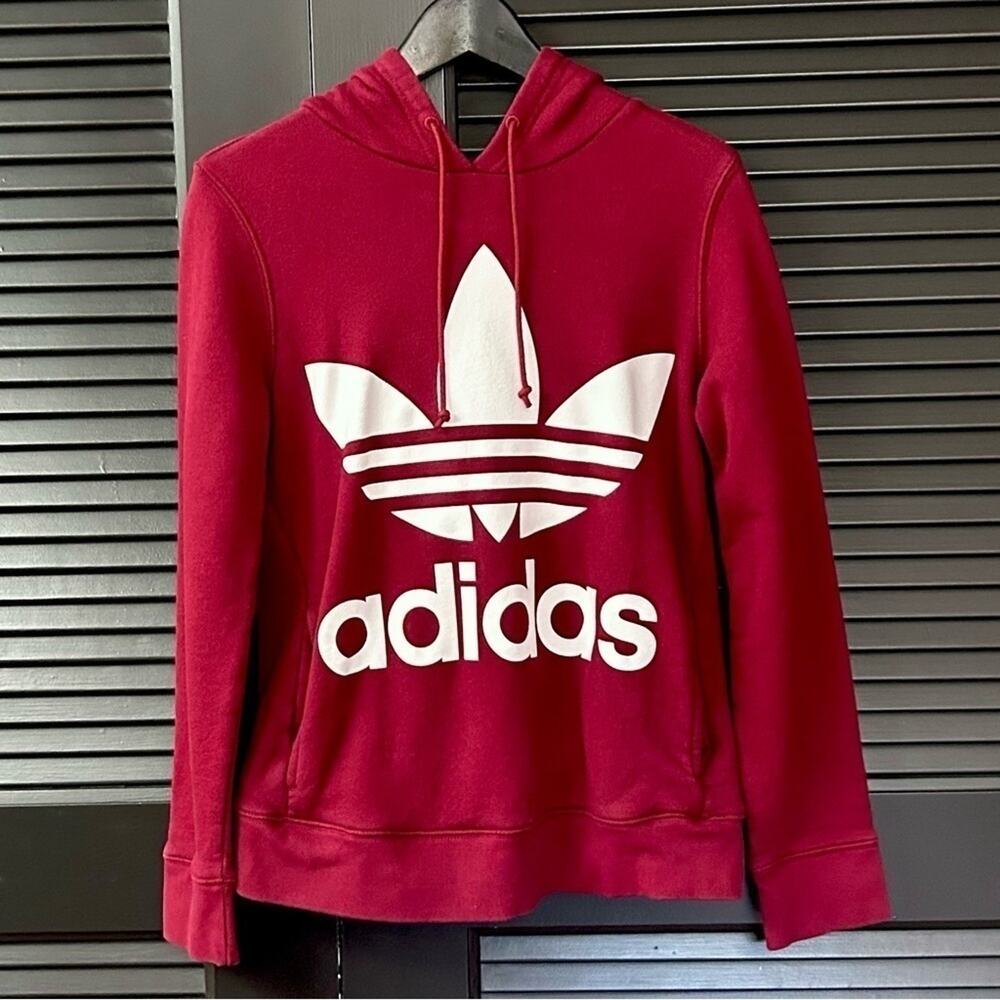 Adidas Trefoil Hoodie with Kangaroo Pocket, Shadow Red, Size XS - Picture 5 of 16
